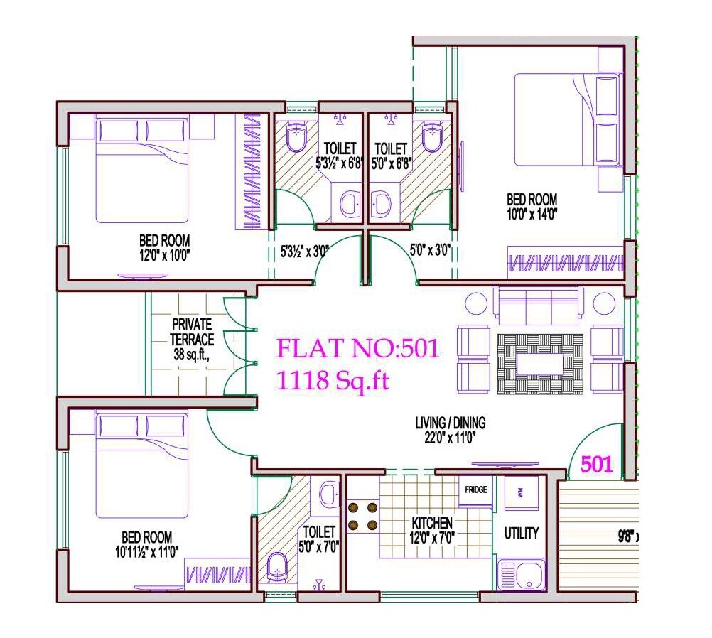 Floor plan of 3 BHK 1118 Sq. Ft. Apartment in DRK Royal Elite, Chennai