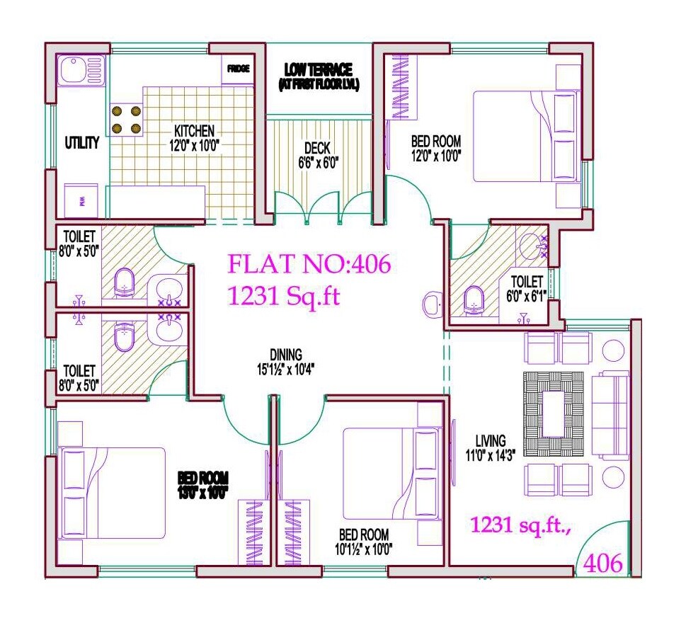 Floor plan of 3 BHK 1231 Sq. Ft. Apartment in DRK Royal Elite, Chennai