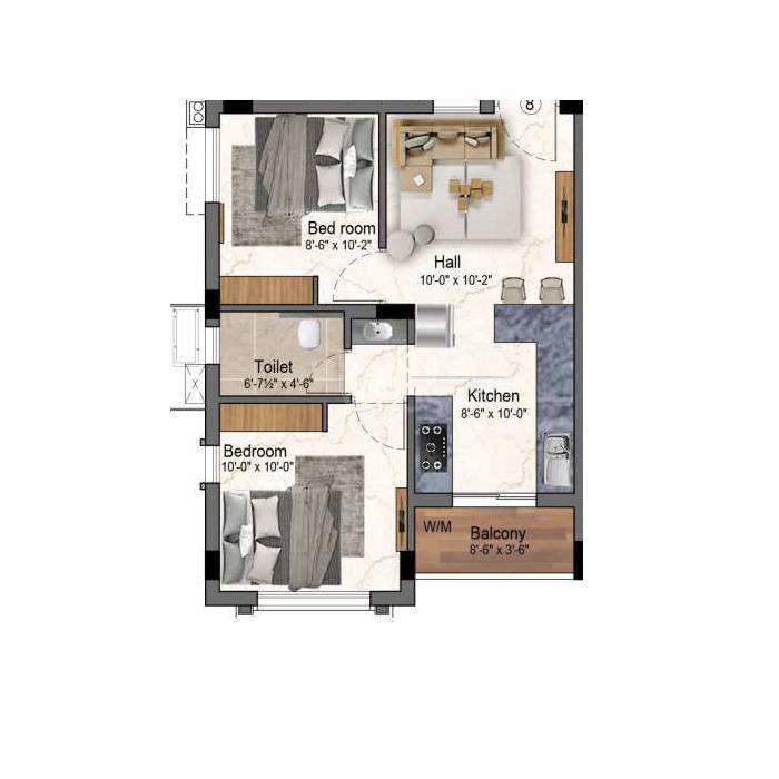 Floor plan of 2 BHK 594 Sq. Ft. Apartment in DSG Balaji Sarang, Chennai