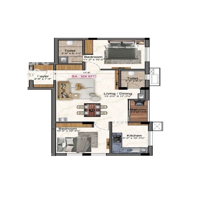 Floor plan of 2 BHK 649 Sq. Ft. Apartment in DSG Balaji Sarang, Chennai