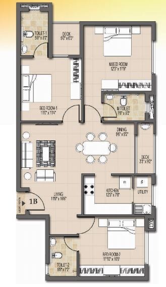 Floor plan of 3 BHK 992 Sq. Ft. Apartment in Dugar Ashwa, Chennai