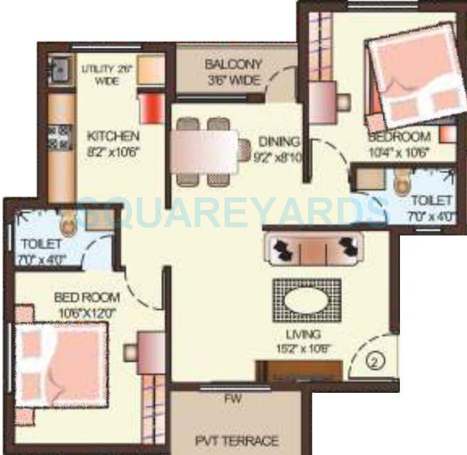Floor plan of 2 BHK 1000 Sq. Ft. Apartment in Dugar Group Glo Dugar, Chennai