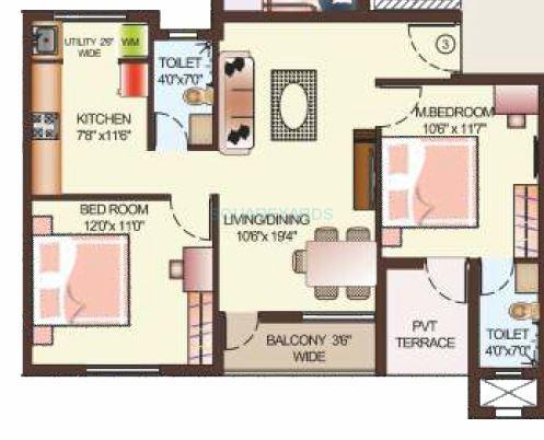 Floor plan of 2 BHK 975 Sq. Ft. Apartment in Dugar Group Glo Dugar, Chennai