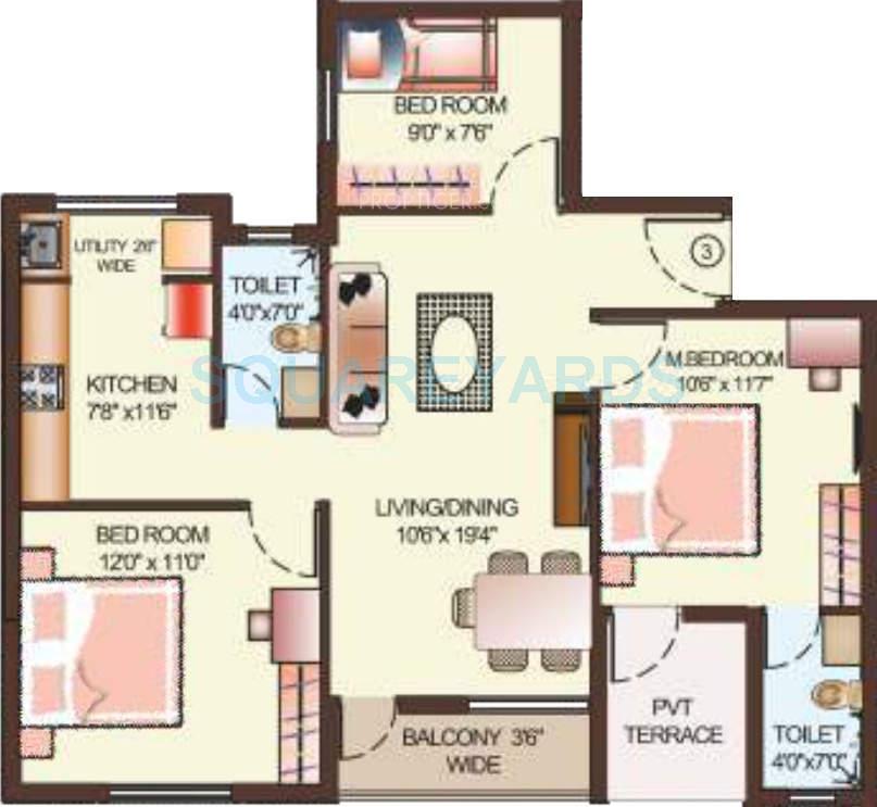 Floor plan of 3 BHK 1083 Sq. Ft. Apartment in Dugar Group Glo Dugar, Chennai