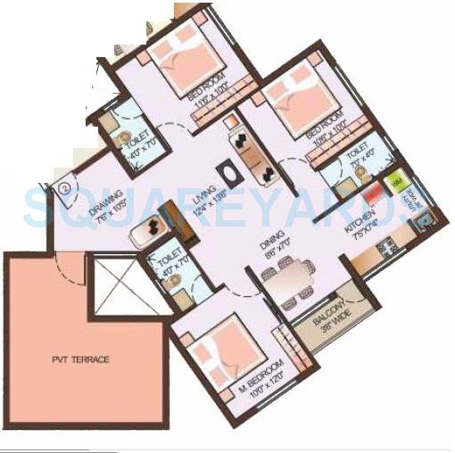 Floor plan of 3 BHK 1281 Sq. Ft. Apartment in Dugar Group Glo Dugar, Chennai
