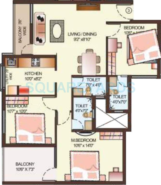Floor plan of 3 BHK 1346 Sq. Ft. Apartment in Dugar Group Glo Dugar, Chennai