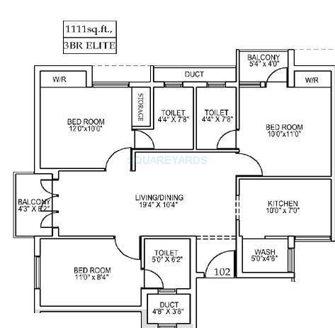Floor plan of 3 BHK 1111 Sq. Ft. Apartment in Dugar Group Gold City, Chennai