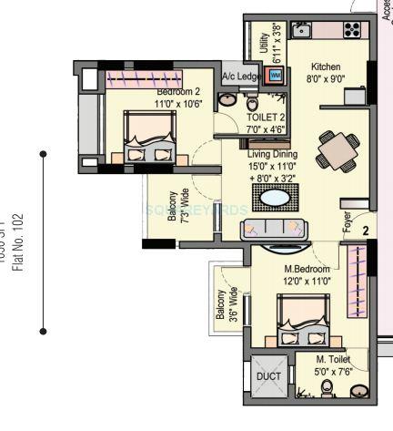 Floor plan of 2 BHK 1050 Sq. Ft. Apartment in Dugar Group Lake Dugar, Chennai