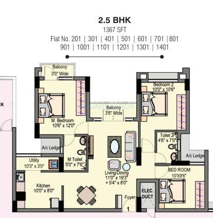Floor plan of 3 BHK 1367 Sq. Ft. Apartment in Dugar Group Lake Dugar, Chennai