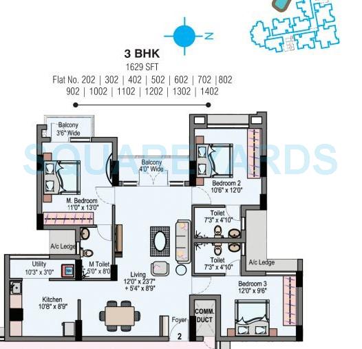 Floor plan of 3 BHK 1629 Sq. Ft. Apartment in Dugar Group Lake Dugar, Chennai