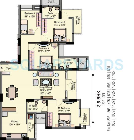 Floor plan of 4 BHK 2021 Sq. Ft. Apartment in Dugar Group Lake Dugar, Chennai