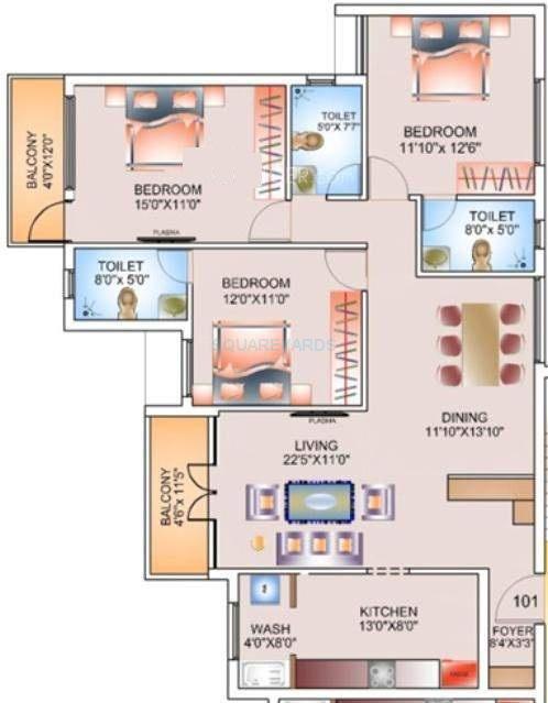 Floor plan of 3 BHK 1625 Sq. Ft. Apartment in Dugar Group Sky City, Chennai