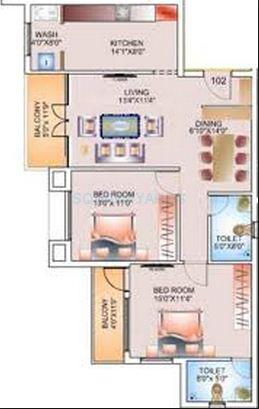 Floor plan of 2 BHK 1063 Sq. Ft. Apartment in Dugar Group Sky Dugar, Chennai