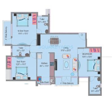 Floor plan of 3 BHK 1221 Sq. Ft. Apartment in Dugar Group Sky Dugar, Chennai