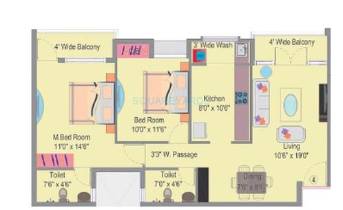 Floor plan of 3 BHK 1492 Sq. Ft. Apartment in Dugar Group Sky Dugar, Chennai