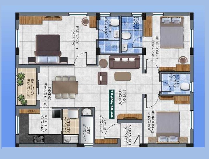Floor plan of 3 BHK 1350 Sq. Ft. Apartment in Dwarak Atlantis, Chennai