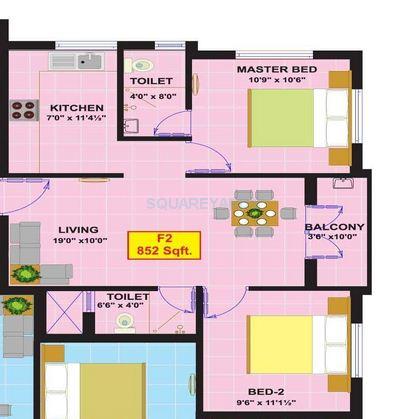 Floor plan of 2 BHK 852 Sq. Ft. Apartment in Eesha Constructions Sri Ranga Padhuka, Chennai