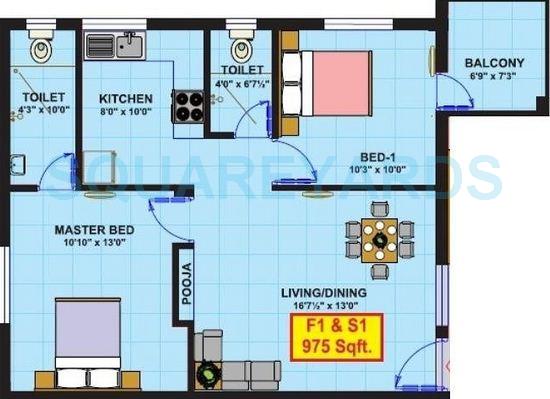 Floor plan of 2 BHK 978 Sq. Ft. Apartment in Eesha Constructions Sri Ranga Padhuka, Chennai