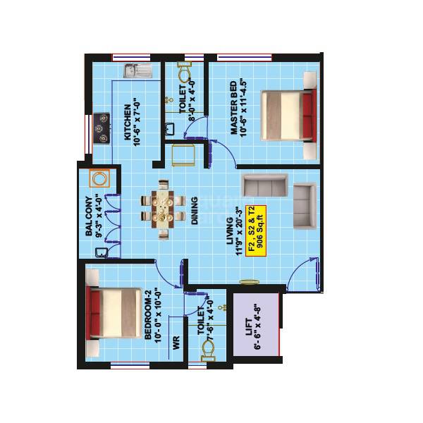 Floor plan of 2 BHK 906 Sq. Ft. Apartment in Eeshani Aparna, Chennai