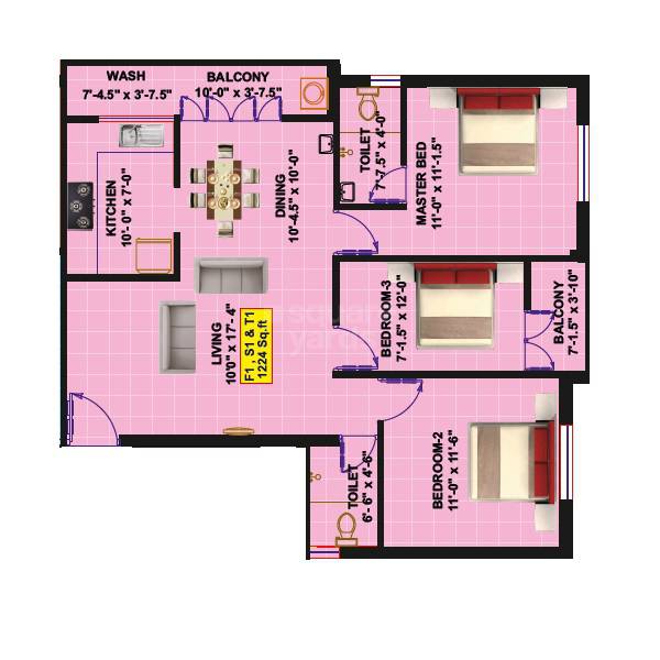 Floor plan of 3 BHK 1224 Sq. Ft. Apartment in Eeshani Aparna, Chennai