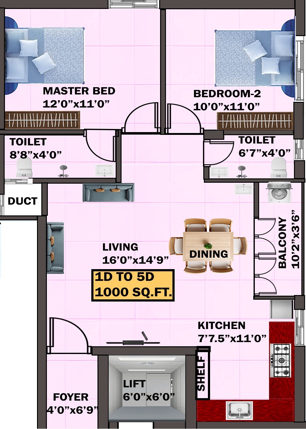 Floor plan of 2 BHK 1000 Sq. Ft. Apartment in Eeshani Lotus Park, Chennai