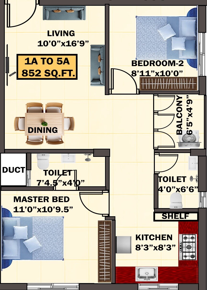 Floor plan of 2 BHK 852 Sq. Ft. Apartment in Eeshani Lotus Park, Chennai