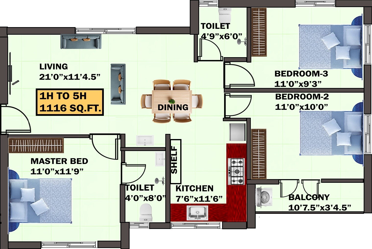 Floor plan of 3 BHK 1116 Sq. Ft. Apartment in Eeshani Lotus Park, Chennai