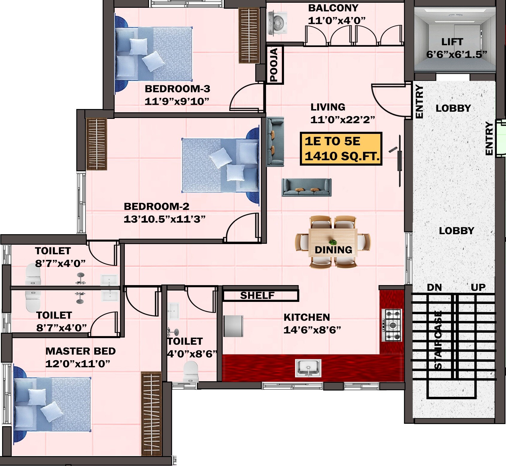 Floor plan of 3 BHK 1410 Sq. Ft. Apartment in Eeshani Lotus Park, Chennai