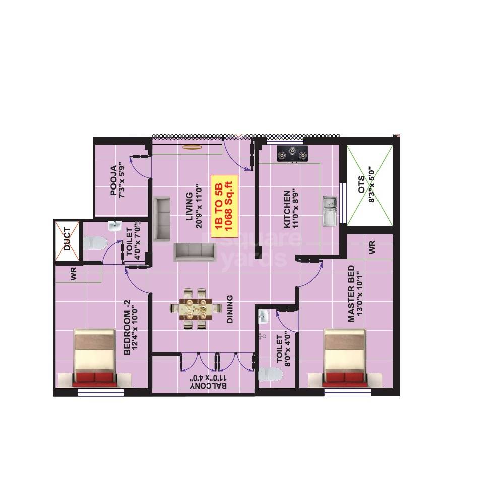 Floor plan of 2 BHK 1068 Sq. Ft. Apartment in Eeshani Ram Nivas, Chennai