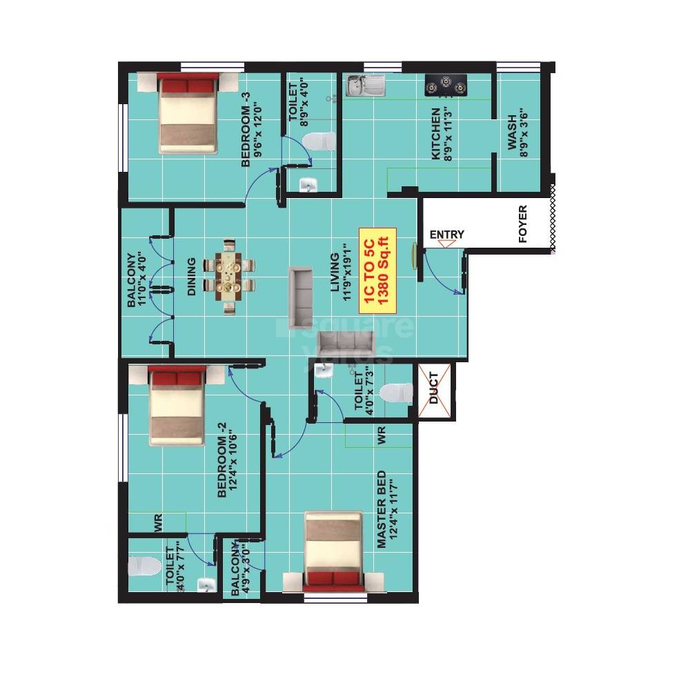 Floor plan of 3 BHK 1380 Sq. Ft. Apartment in Eeshani Ram Nivas, Chennai