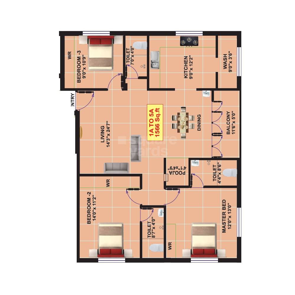 Floor plan of 3 BHK 1566 Sq. Ft. Apartment in Eeshani Ram Nivas, Chennai