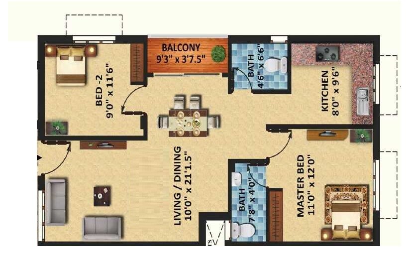 Floor plan of 2 BHK 1000 Sq. Ft. Apartment in Eeshani Sankara, Chennai