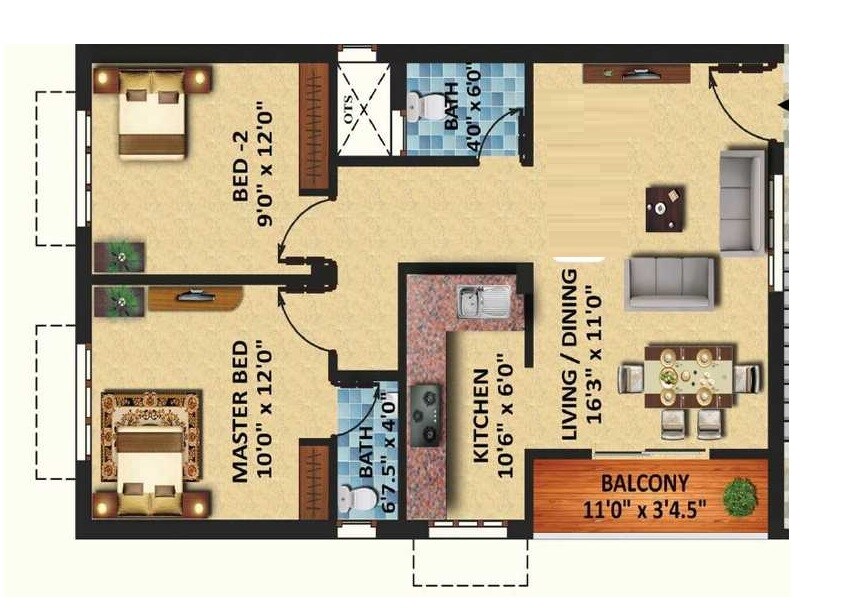 Floor plan of 2 BHK 890 Sq. Ft. Apartment in Eeshani Sankara, Chennai