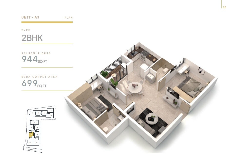 Floor plan of 2 BHK 944 Sq. Ft. Apartment in EK Alpha, Chennai