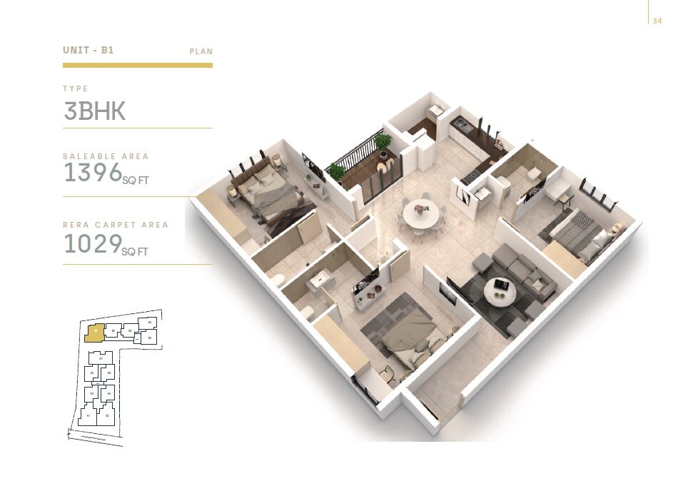 Floor plan of 3 BHK 1396 Sq. Ft. Apartment in EK Alpha, Chennai