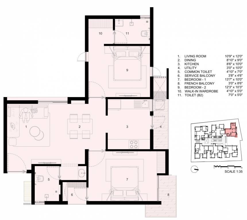Floor plan of 2 BHK 1056 Sq. Ft. Apartment in EK Alpha Signature, Chennai