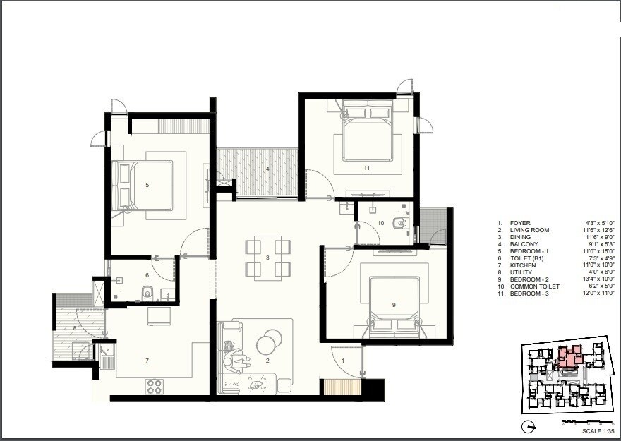 Floor plan of 3 BHK 1422 Sq. Ft. Apartment in EK Alpha Signature, Chennai