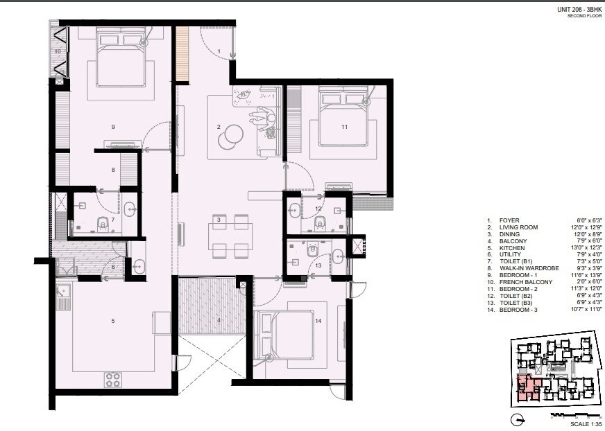 Floor plan of 3 BHK 1670 Sq. Ft. Apartment in EK Alpha Signature, Chennai