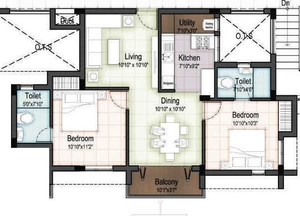 Floor plan of 2 BHK 984 Sq. Ft. Apartment in Elegant Palmera Gardens, Chennai