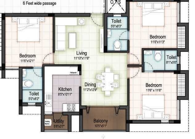 Floor plan of 3 BHK 1389 Sq. Ft. Apartment in Elegant Palmera Gardens, Chennai