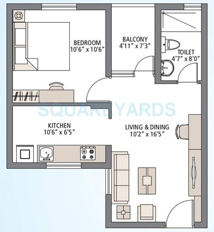 Floor plan of 1 BHK 597 Sq. Ft. Apartment in Emaar Grace, Chennai