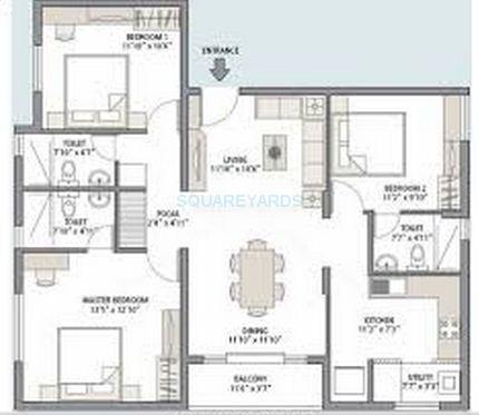 Floor plan of 3 BHK 1412 Sq. Ft. Apartment in Emaar The Avenues, Chennai