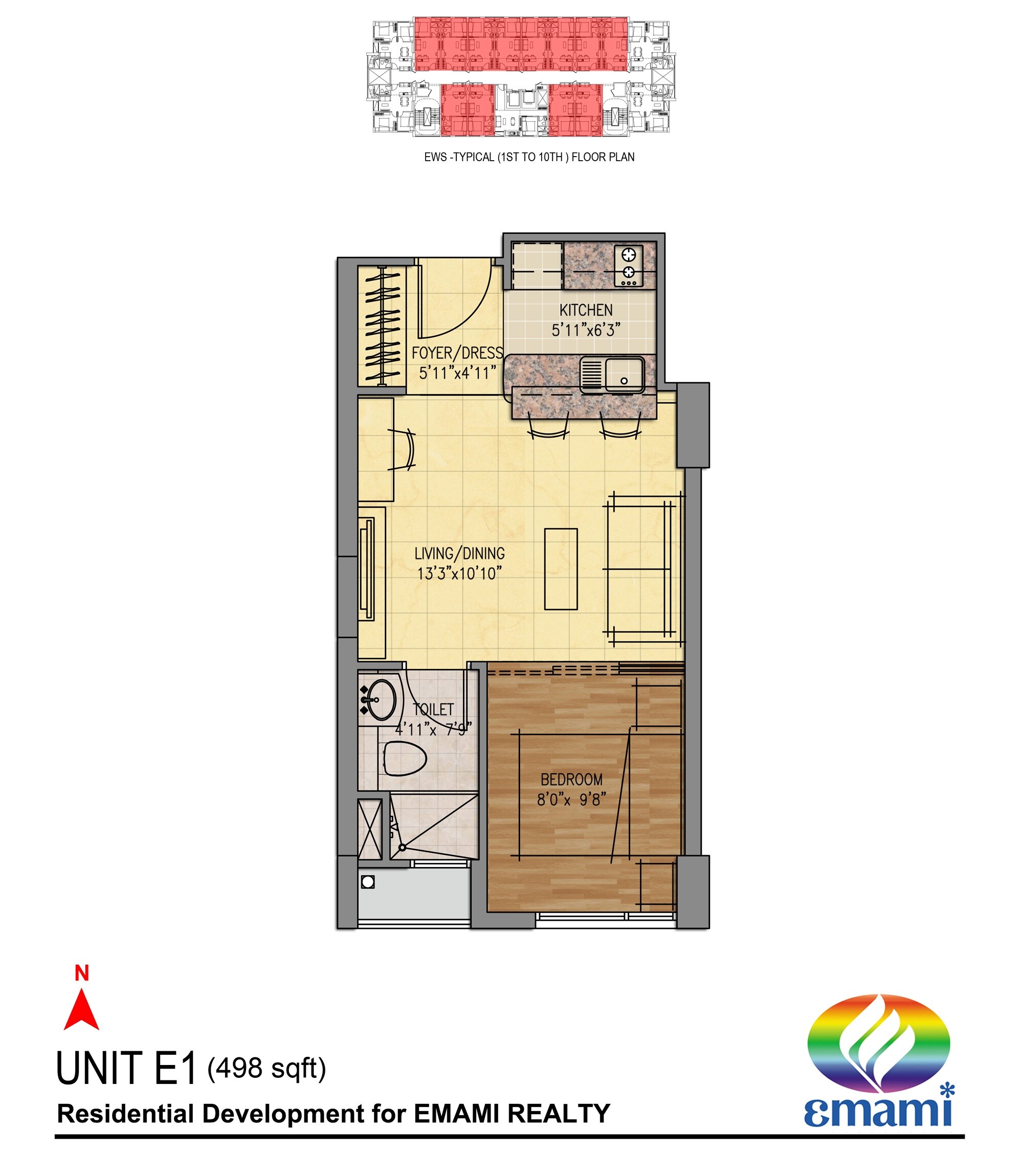 Floor plan of 1 BHK 498 Sq. Ft. Apartment in Emami Tejomaya, Chennai