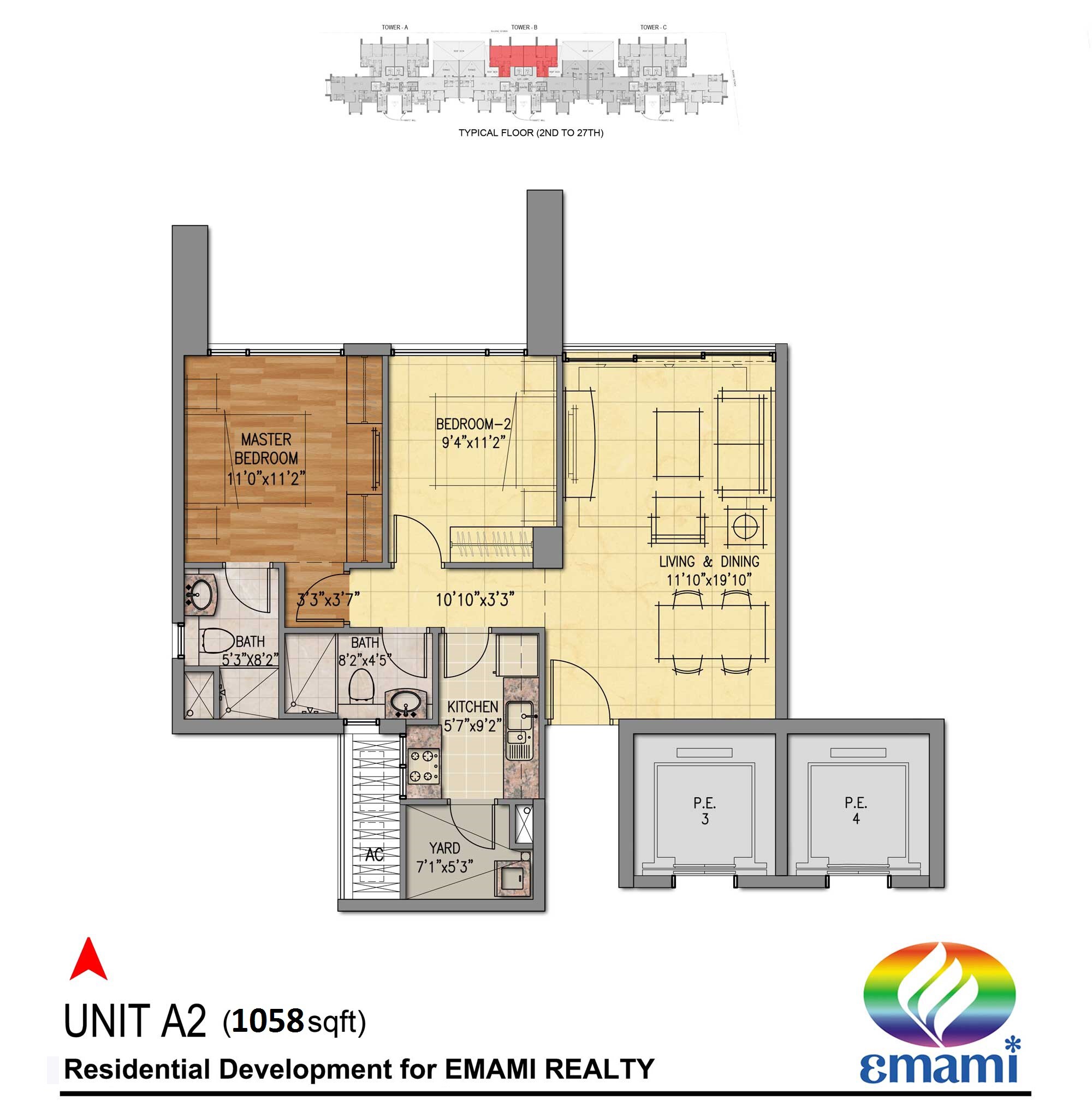 Floor plan of 2 BHK 1058 Sq. Ft. Apartment in Emami Tejomaya, Chennai