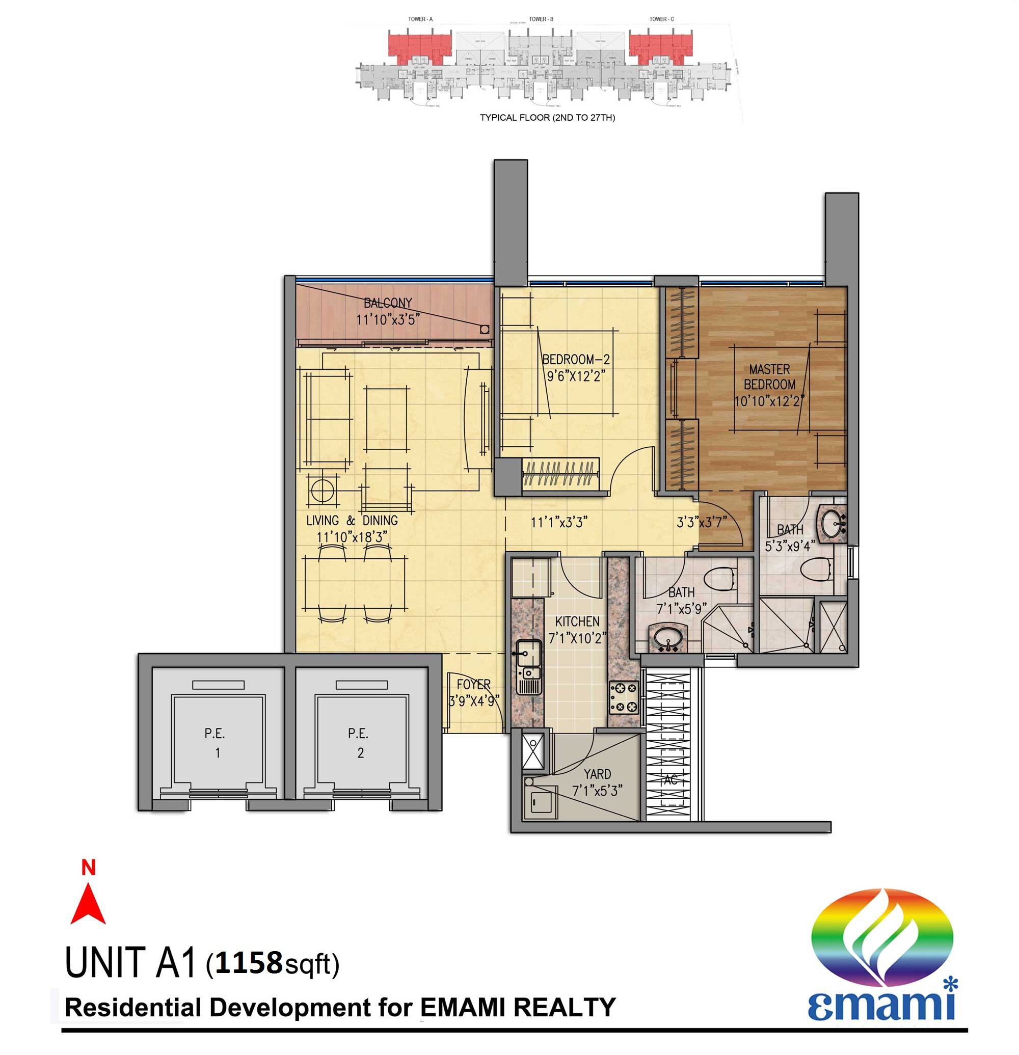 Floor plan of 2 BHK 1158 Sq. Ft. Apartment in Emami Tejomaya, Chennai