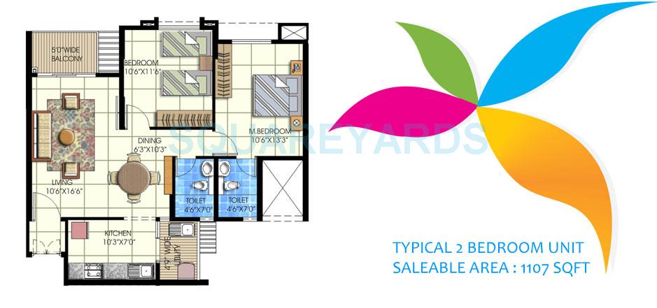 Floor plan of 2 BHK 1107 Sq. Ft. Apartment in Embassy Residency, Chennai