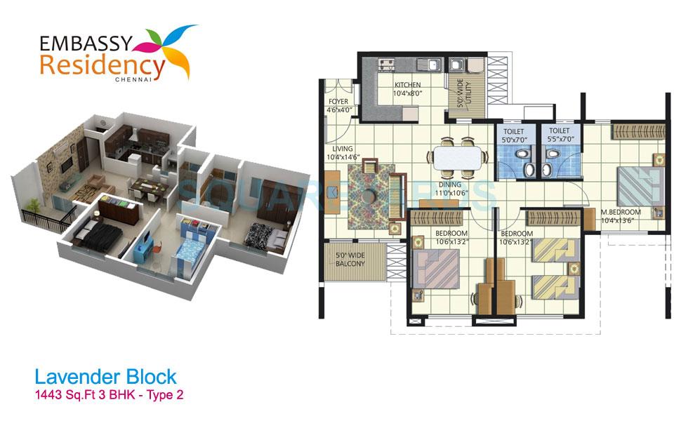 Floor plan of 3 BHK 1443 Sq. Ft. Apartment in Embassy Residency, Chennai