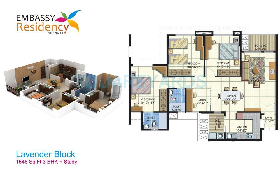 Floor plan of 3 BHK 1546 Sq. Ft. Apartment in Embassy Residency, Chennai