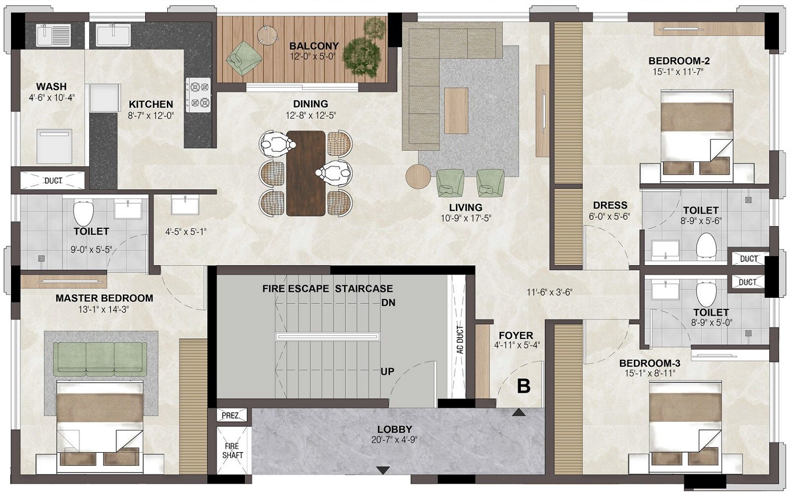 Floor plan of 3 BHK 2100 Sq. Ft. Apartment in Etica Malar, Chennai