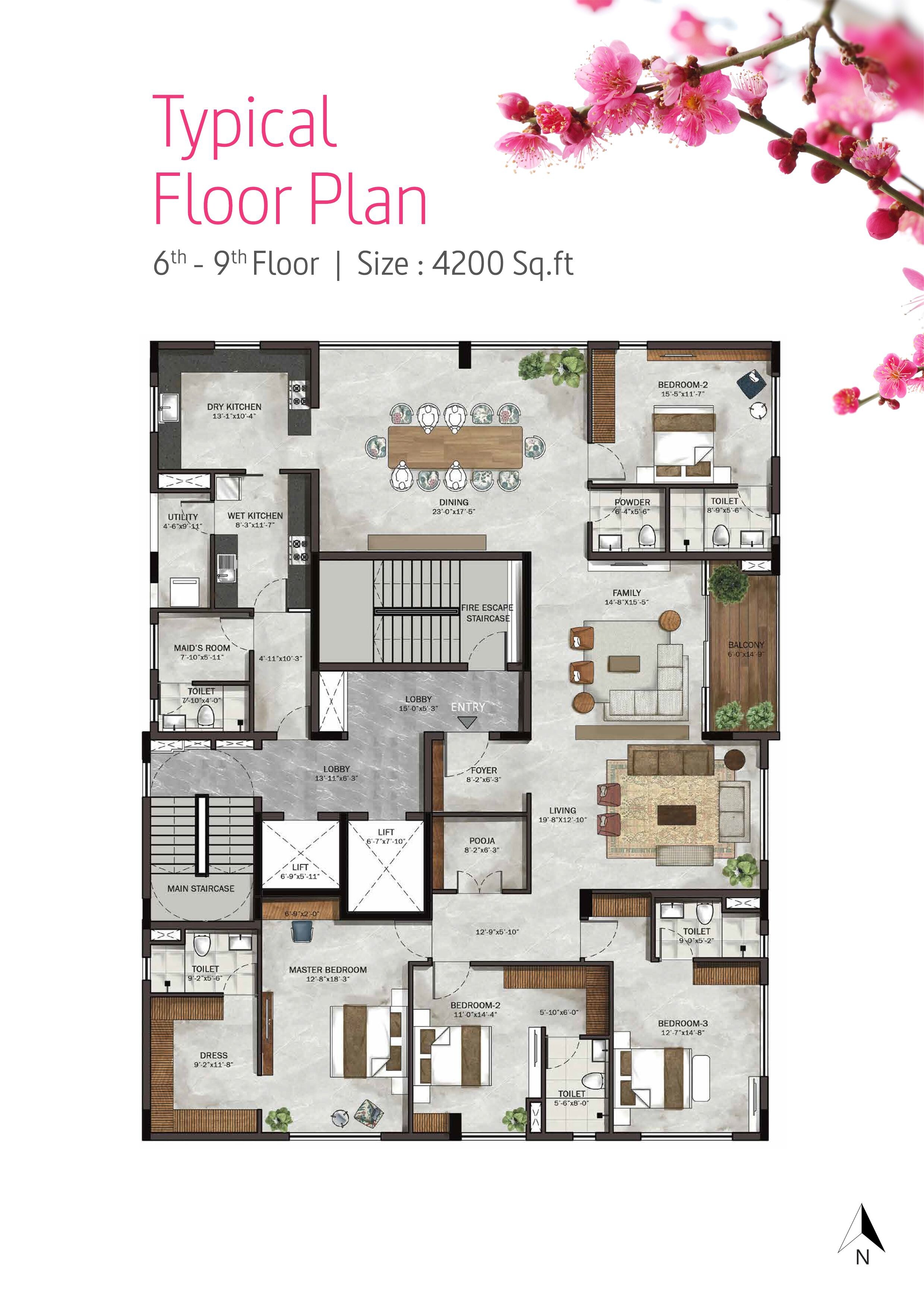 Floor plan of 4 BHK 4200 Sq. Ft. Apartment in Etica Malar, Chennai